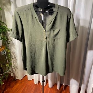 Misia Forest Green Popover Blouse Short Sleeve Pocket Casual Womens Size XL